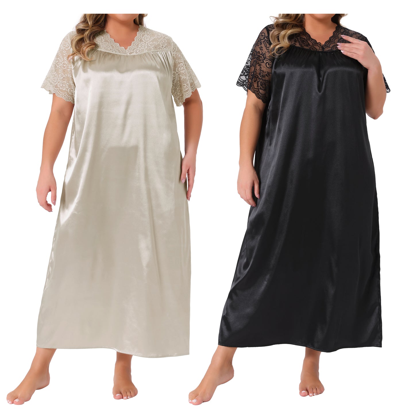 [PACK SALES] Women's Plus Size 2 Pieces Nightwear Satin Lace Hollow V Neck Short Sleeve Chemise Lounge Maxi Sleep Dress