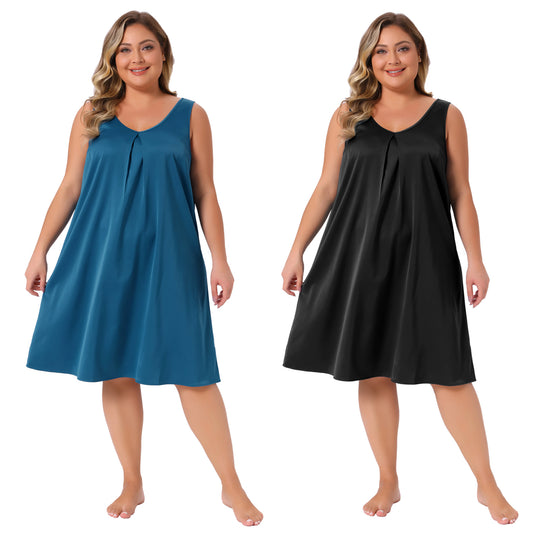 [PACK SALES] Women's Plus Size 2 Piece Satin Sleep Dress Wide Straps V Neck Pleated Sleepshirt Lounge Nightgowns