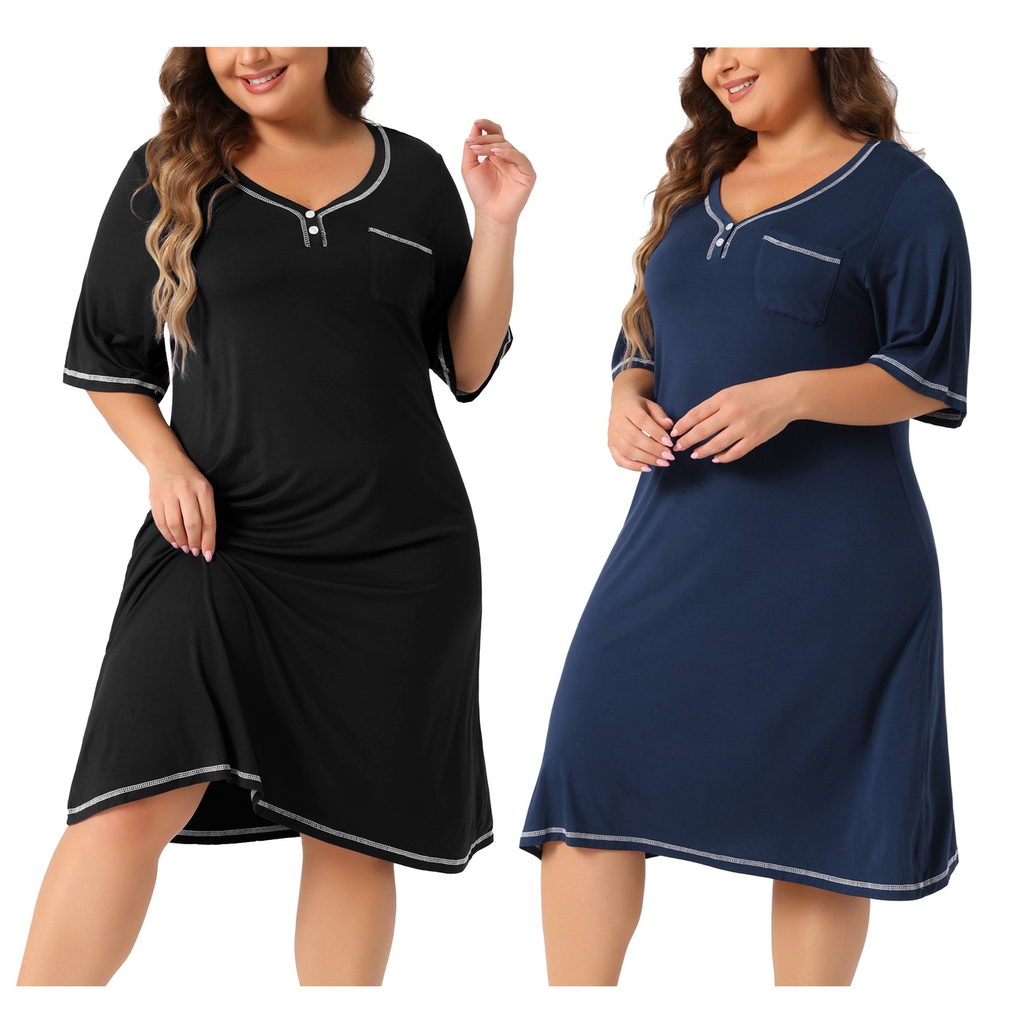 [PACK SALES] Women's Plus Size 2 Pieces Sleepshirts Short Sleeve V Neck Loose Nightgowns Button Front Casual Pajama Dress