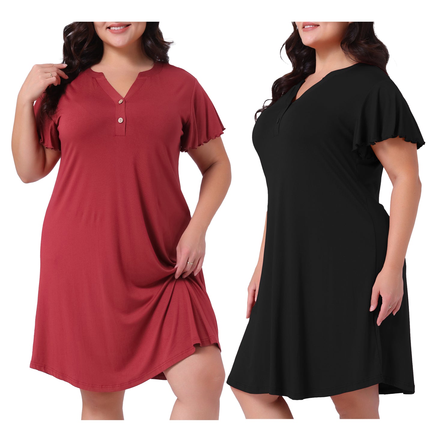 [PACK SALES] Womens Plus Size 2 Pieces Nightgowns Short Sleeve Button Down V Neck Midi Sleepshirt with Pockets Loungewear