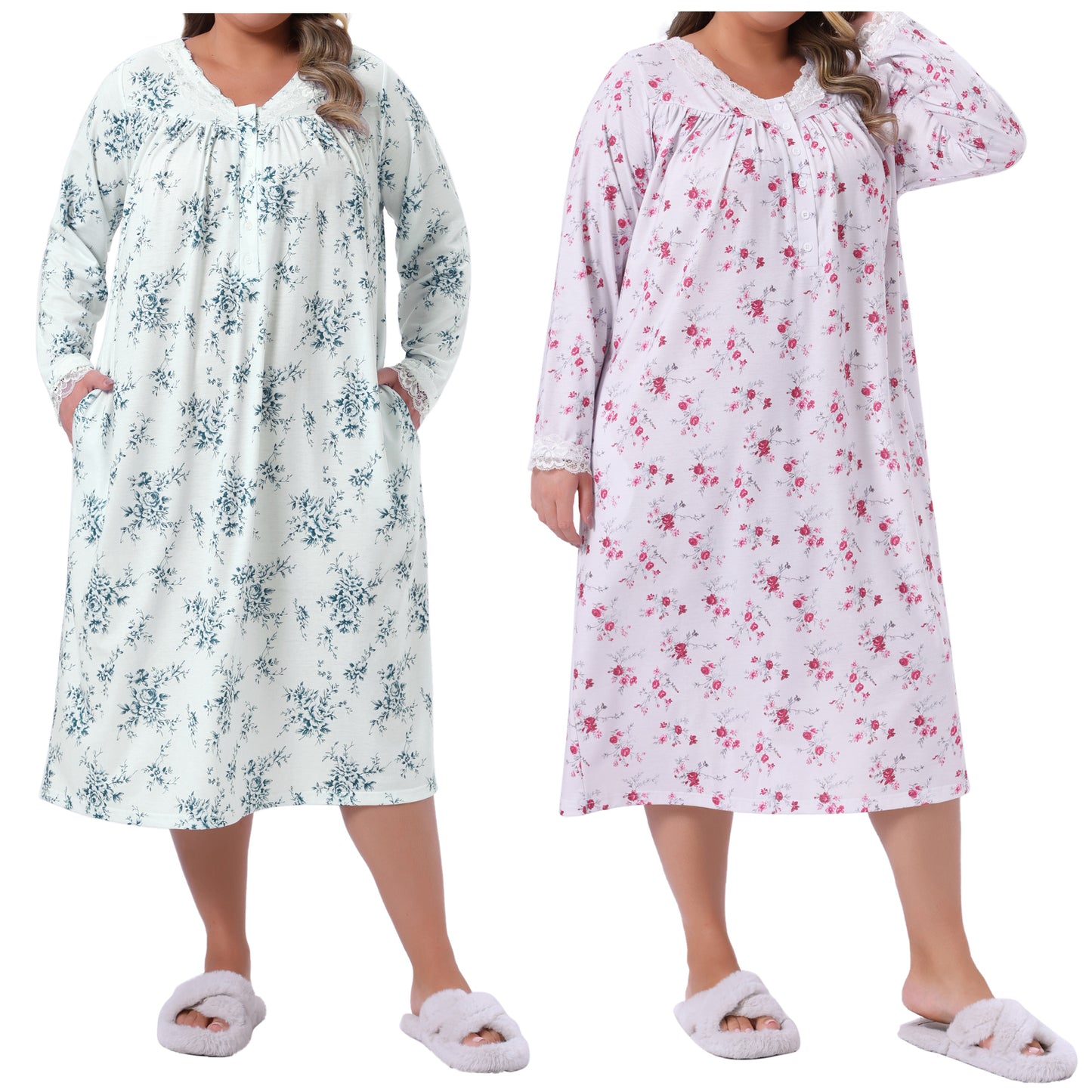 [PACK SALES] Women's Plus Size 2 Pieces Nightgown Lace Trim Floral V Neck Long Sleeve Sleepdress Soft Chemise Lounge Nightdress