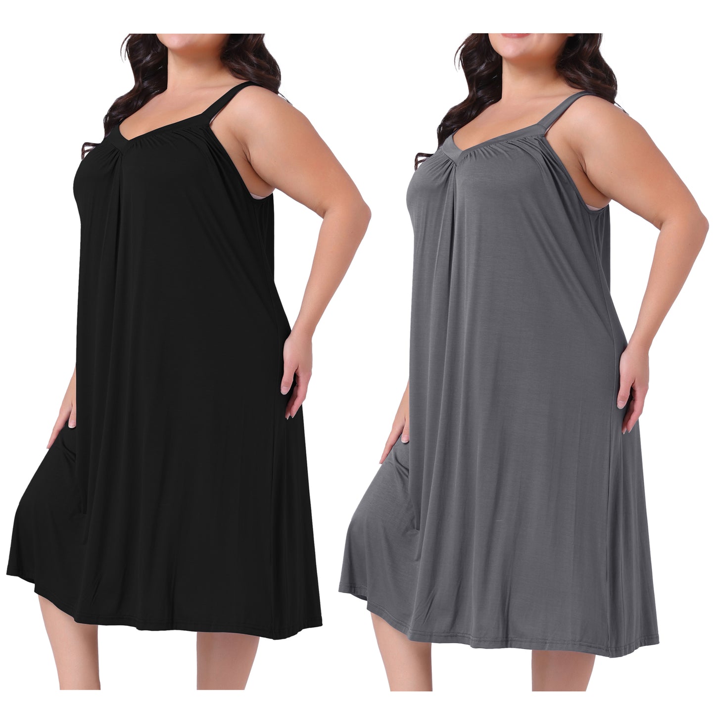 [PACK SALES] Women's Plus Size 2 Pieces Nightdress Spaghetti Strap Pleated V Neck Sleeveless Sleepwear Chemise Lounge Midi Nightgown