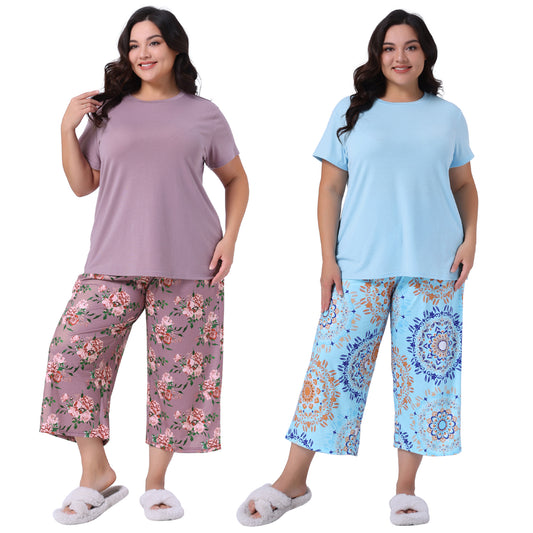 [PACK SALES] Women's Plus Size 2 Sets Sleepwear Printed Pattern Short Sleeve Tops with Pants Lounge Pajamas Sets