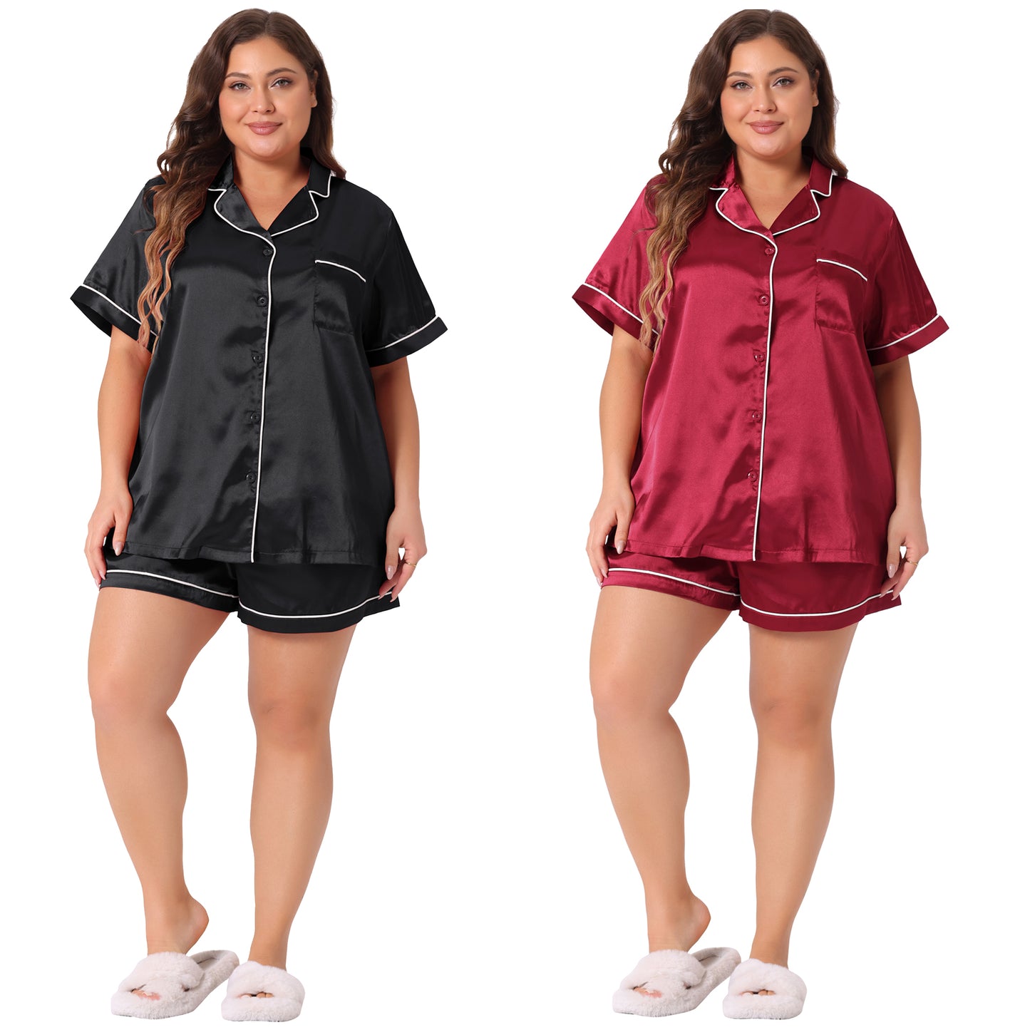 [PACK SALES] Women's Plus Size 2 Sets Pajamas Sets Satin Button Down Loungewear Shorts Set
