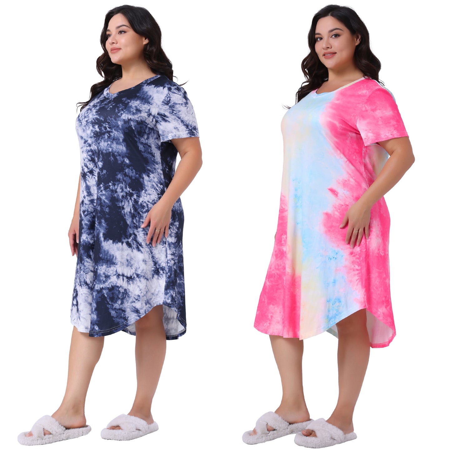 [PACK SALES] Women's Plus Size 2 Pieces Sleepdress Tie Dye Crew Neck Short Sleeve Sleepwear Lounge Midi Nightgowns