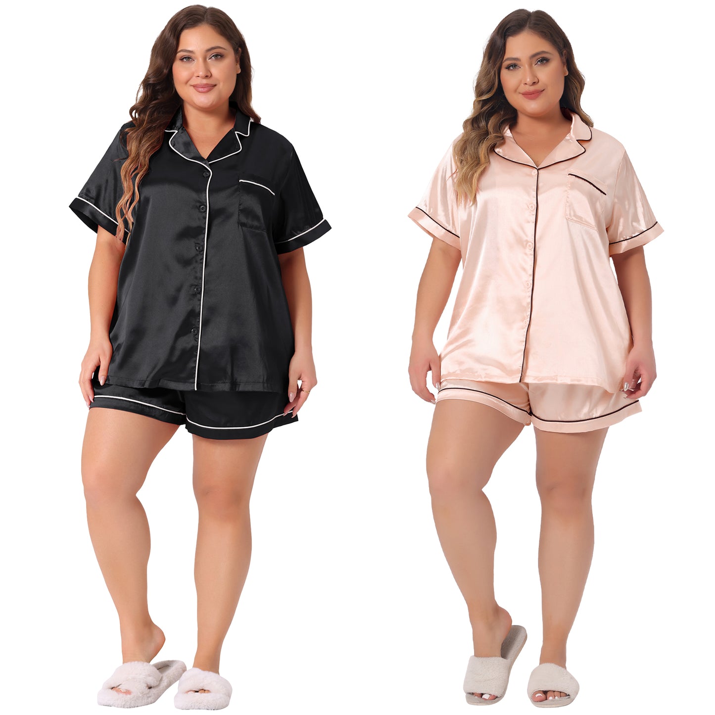 [PACK SALES] Women's Plus Size 2 Sets Pajamas Sets Satin Button Down Loungewear Shorts Set