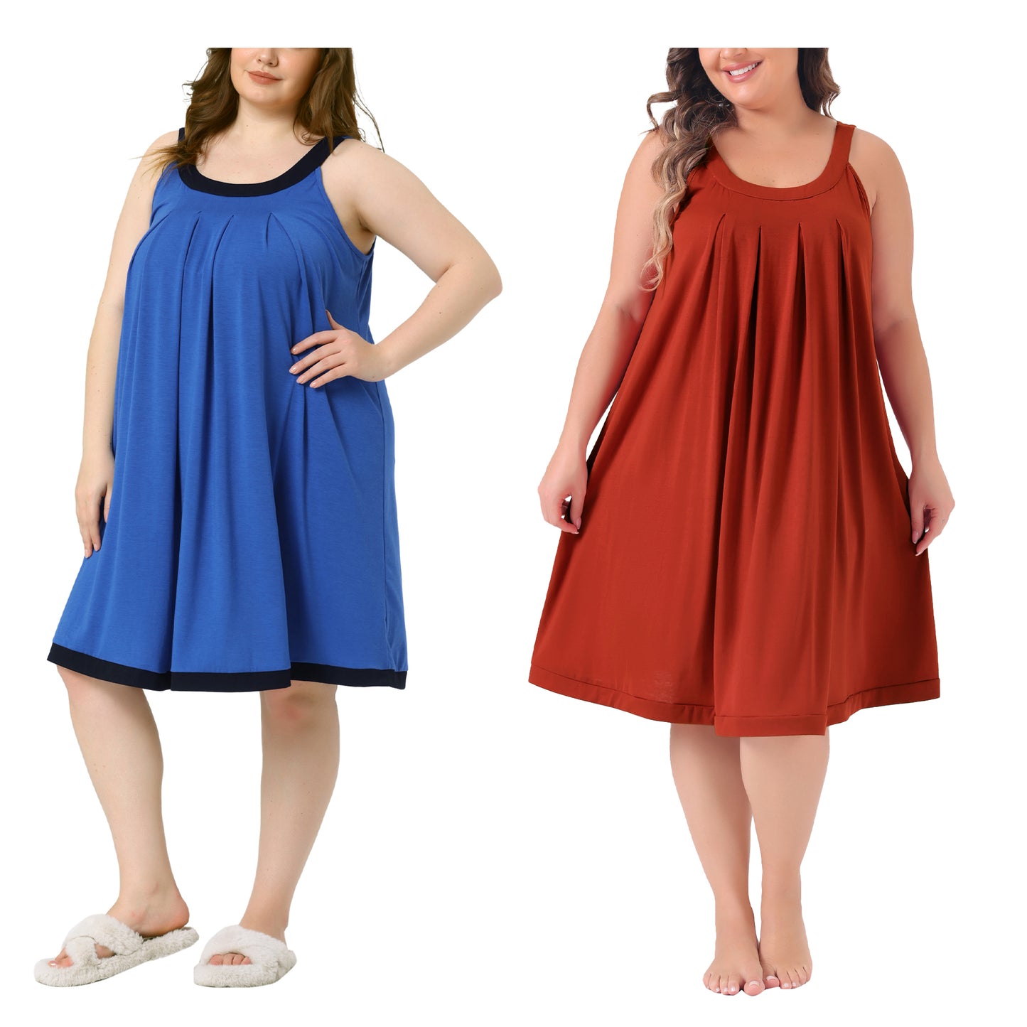 [PACK SALES] Women's Plus Size 2 Pieces Nightgown Sleeveless Pleated Sleepshirt with Wide Straps Scoop Neck Sleepwear