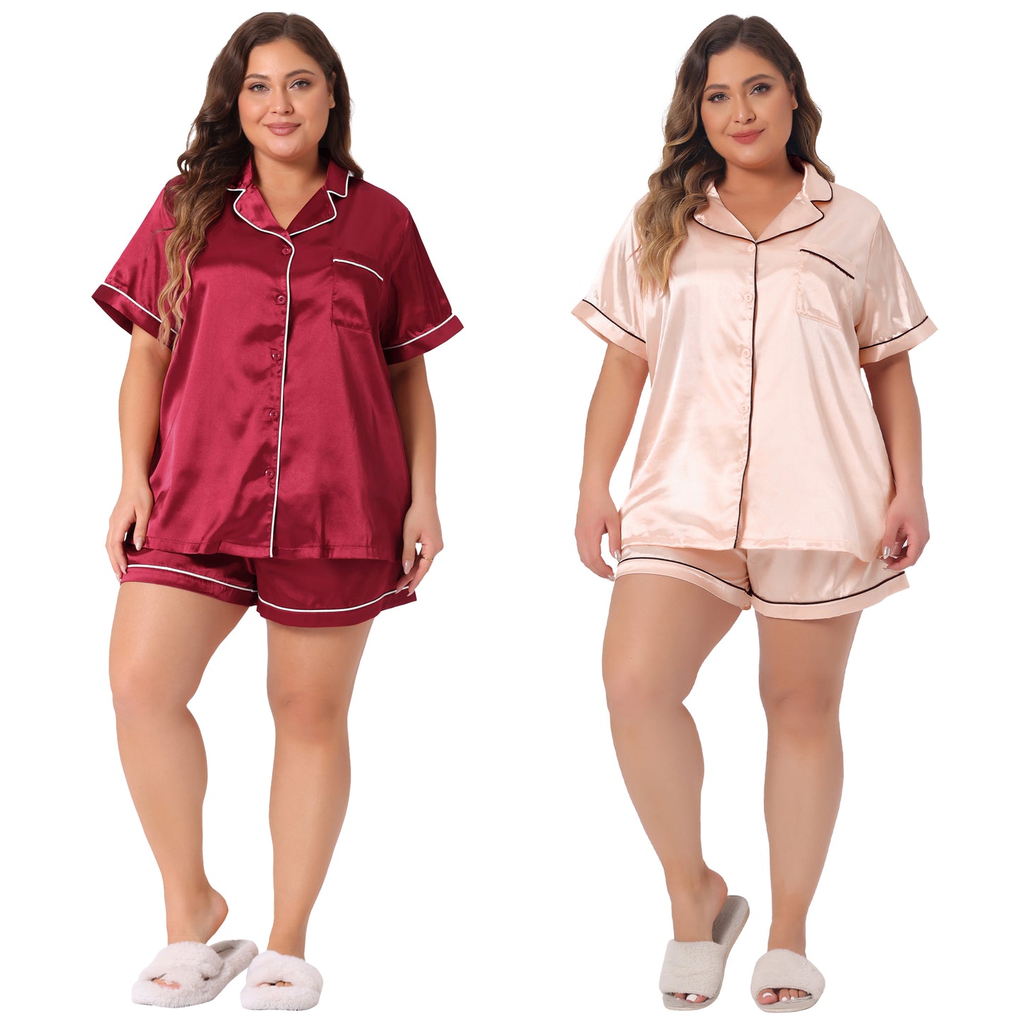 [PACK SALES] Women's Plus Size 2 Sets Pajamas Sets Satin Button Down Loungewear Shorts Set