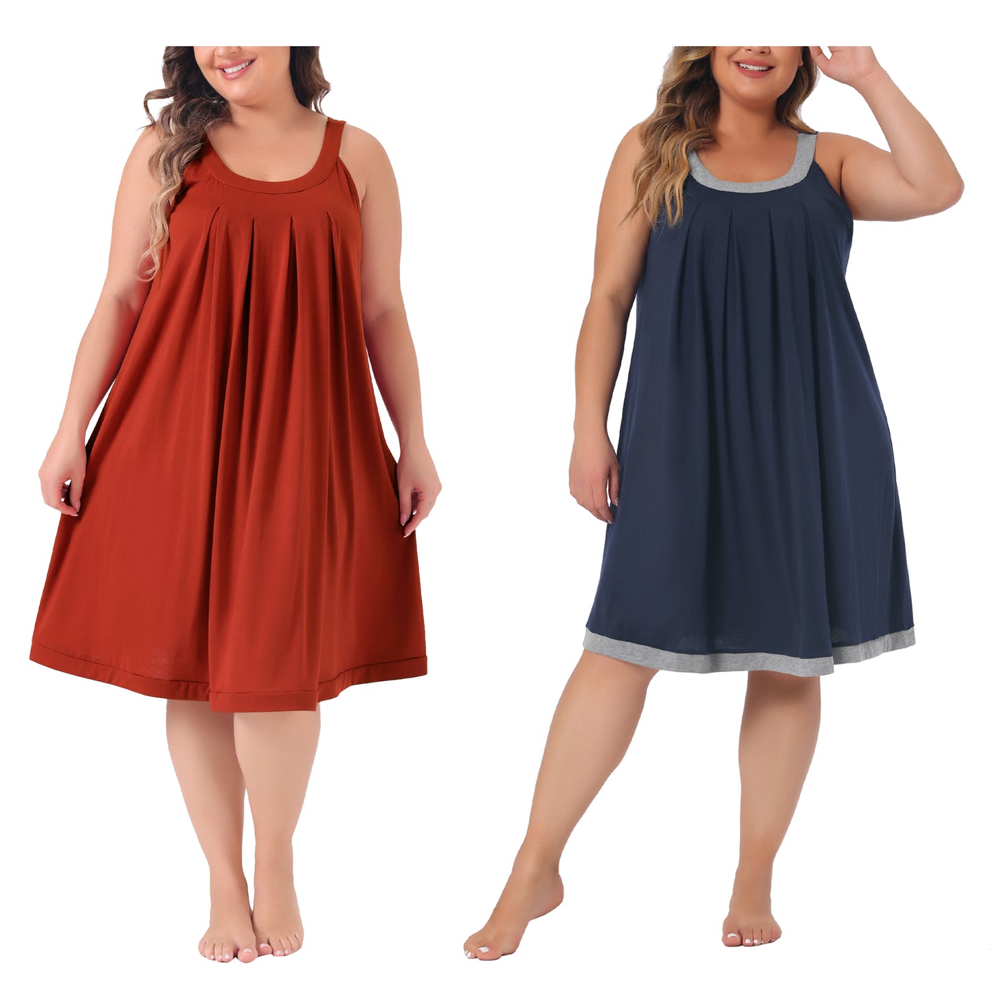 [PACK SALES] Women's Plus Size 2 Pieces Nightgown Sleeveless Pleated Sleepshirt with Wide Straps Scoop Neck Sleepwear