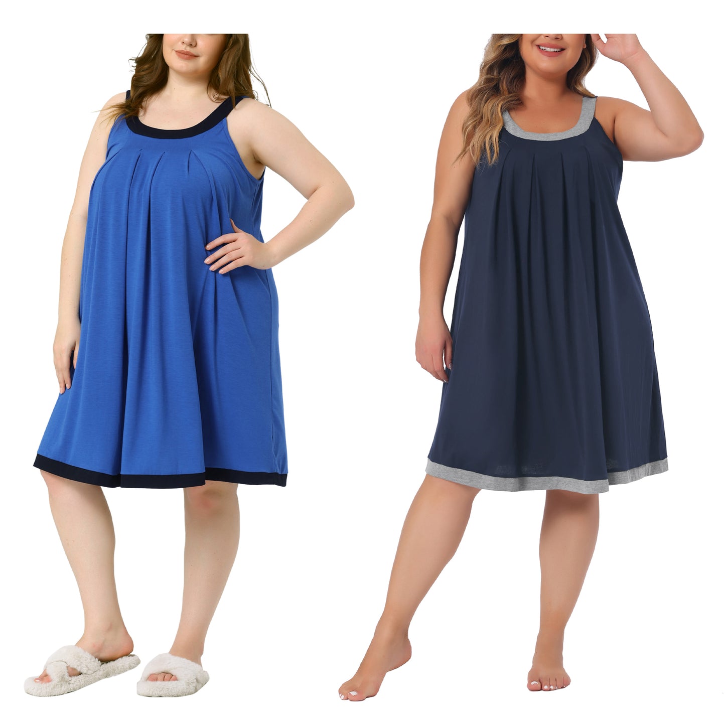 [PACK SALES] Women's Plus Size 2 Pieces Nightgown Sleeveless Pleated Sleepshirt with Wide Straps Scoop Neck Sleepwear