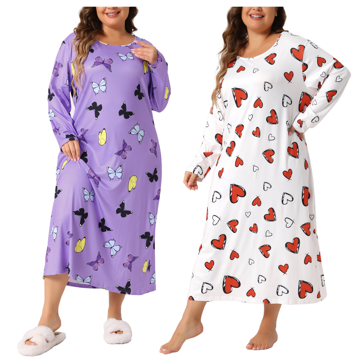 [PACK SALES] Women's Plus Size 2 Pieces Sleepwear Heart Pattern Crew Neck Long Sleeve Sleep Dress Casual Nightgown Pajamas