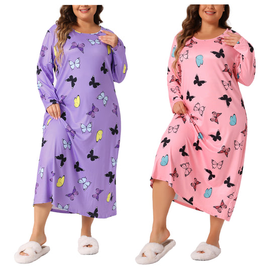 [PACK SALES] Women's Plus Size 2 Pieces Sleepwear Heart Pattern Crew Neck Long Sleeve Sleep Dress Casual Nightgown Pajamas