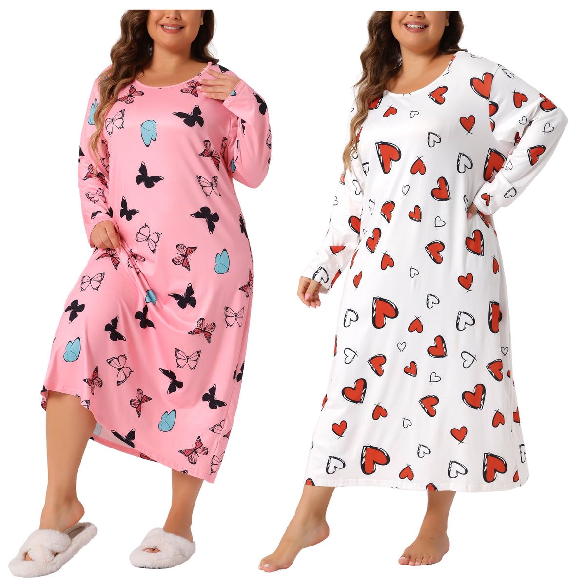 [PACK SALES] Women's Plus Size 2 Pieces Sleepwear Heart Pattern Crew Neck Long Sleeve Sleep Dress Casual Nightgown Pajamas