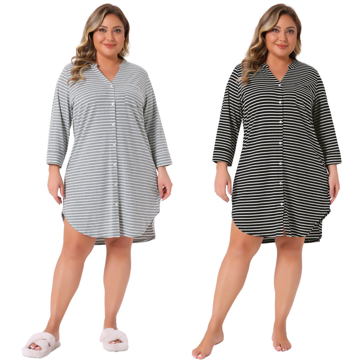 [PACK SALES] Women's Plus Size 2 Pieces Sleepshirt Stripe Button Down V Neck 3/4 Sleeve Soft Pajamas Dress Lounge Nightdress with Pocket