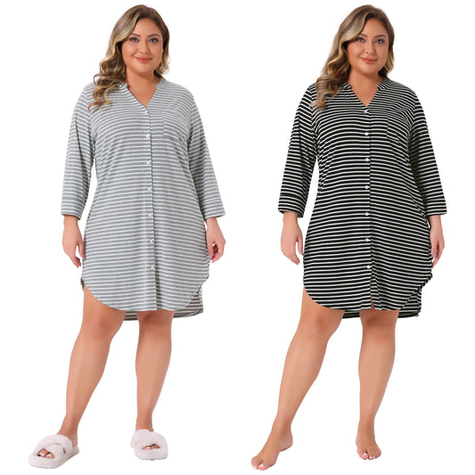 [PACK SALES] Women's Plus Size 2 Pieces Sleepshirt Stripe Button Down V Neck 3/4 Sleeve Soft Pajamas Dress Lounge Nightdress with Pocket