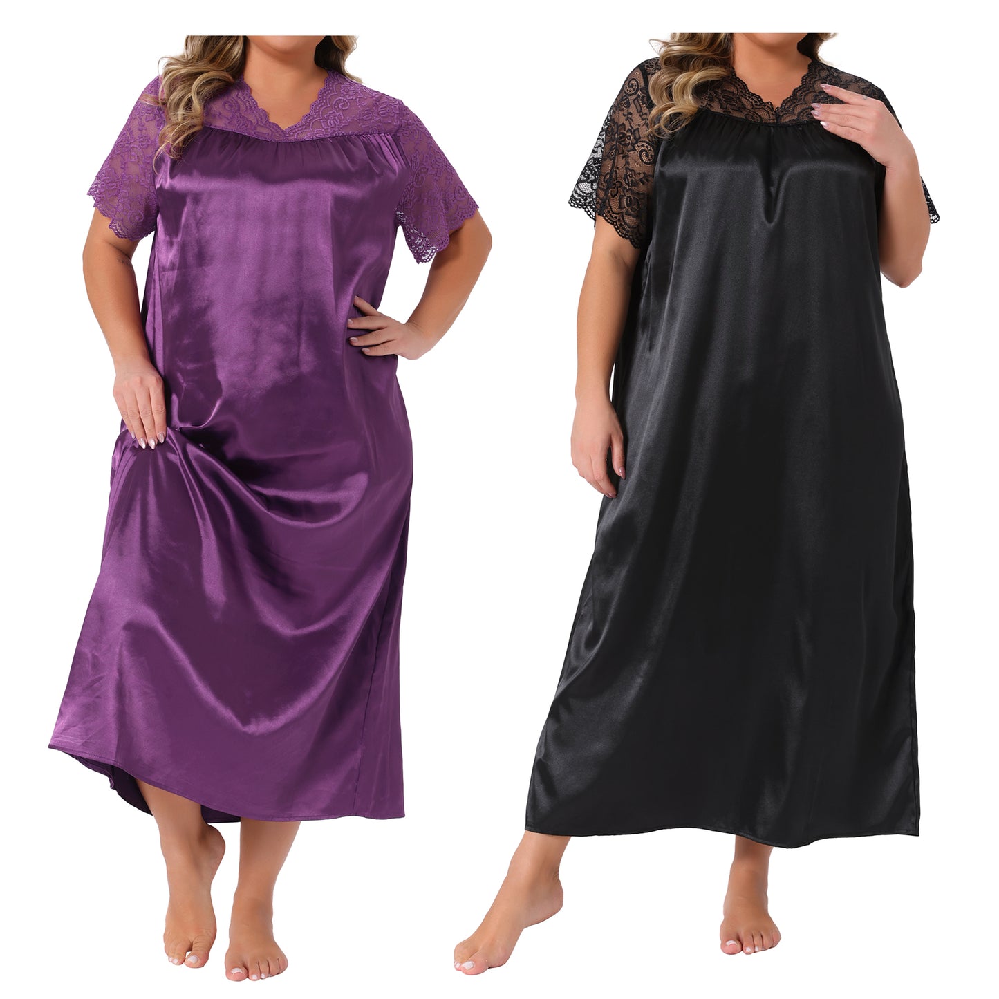 [PACK SALES] Women's Plus Size 2 Pieces Nightwear Satin Lace Hollow V Neck Short Sleeve Chemise Lounge Maxi Sleep Dress
