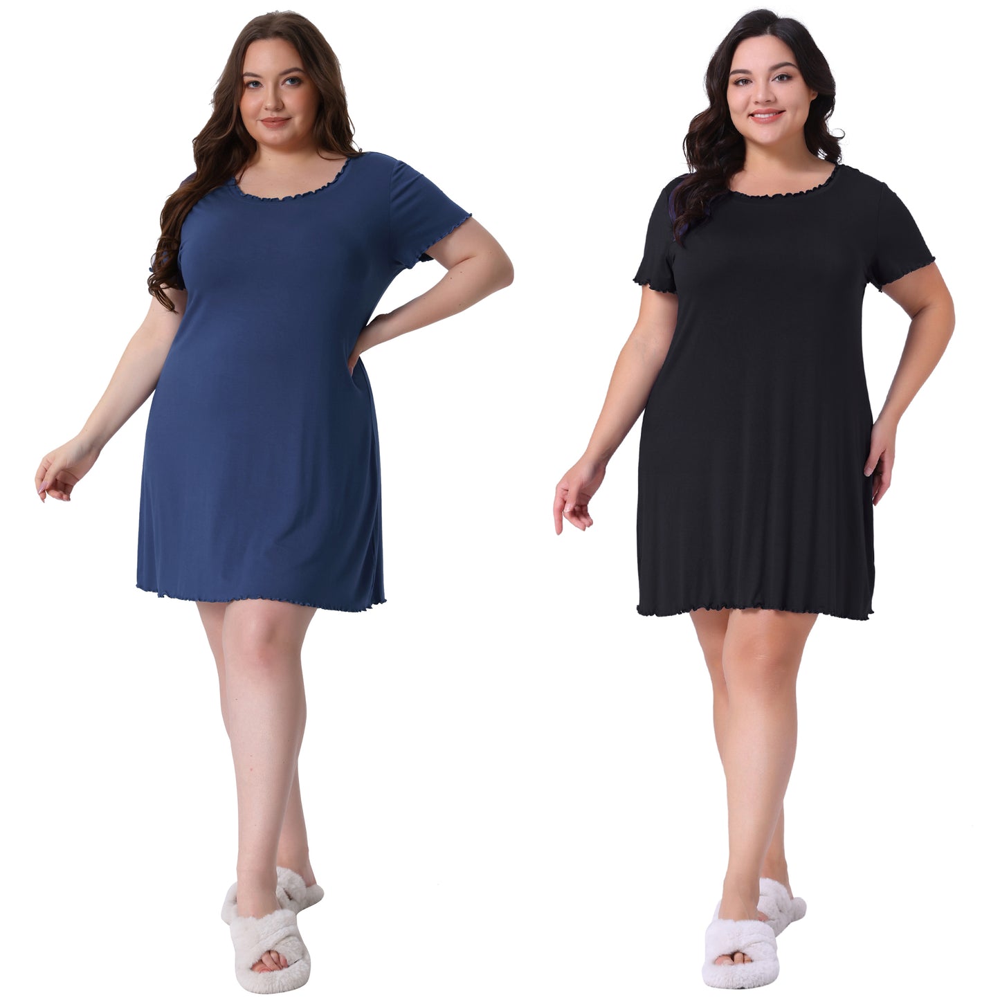 [PACK SALES] Women's Plus Size 2 Pieces Pajama Dress Short Sleeve Ruffle Mini Sleepwear Casual Lounge Sleepshirts