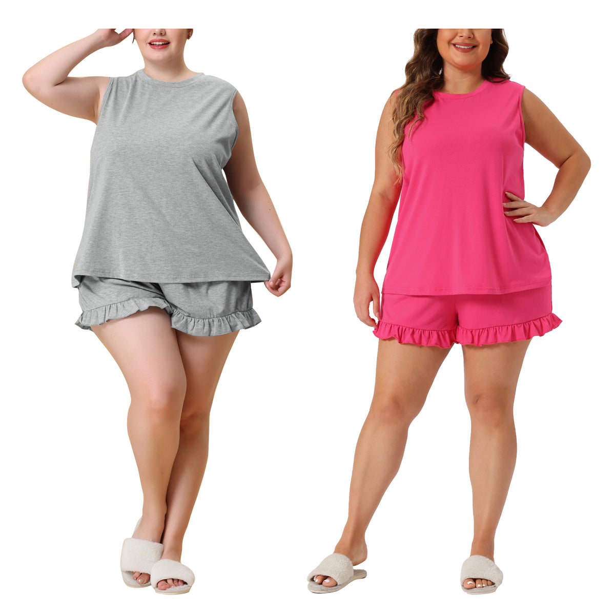 [PACK SALES] Women's Plus Size 2 Sets Pajamas Ruffle Sleeveless Tank Top with Shorts Lounge Home Sleepwear Set