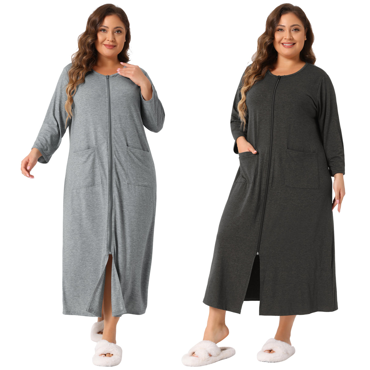 [PACK SALES] Women's Plus Size 2 Pieces Sleep Dress Zipper Front 3/4 Sleeve Robe Bathrobes Maxi House Nightgown with Pockets
