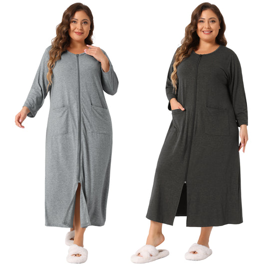 [PACK SALES] Women's Plus Size 2 Pieces Sleep Dress Zipper Front 3/4 Sleeve Robe Bathrobes Maxi House Nightgown with Pockets