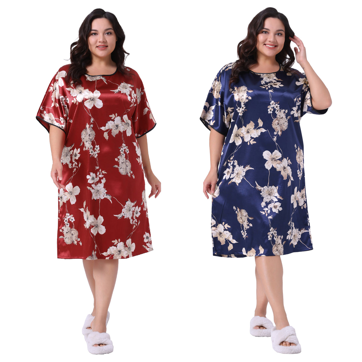 [PACK SALES] Women's Plus Size 2 Pieces Satin Nightgown Floral Print Round Neck Short Sleeve Lounge Midi Sleepwear