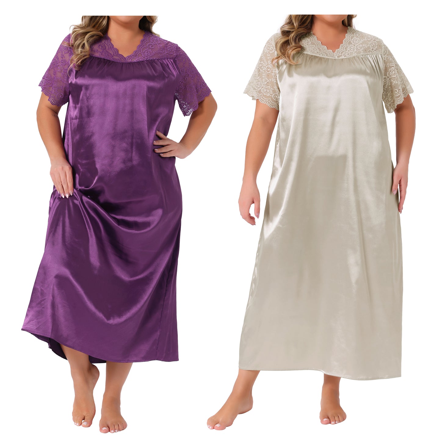 [PACK SALES] Women's Plus Size 2 Pieces Nightwear Satin Lace Hollow V Neck Short Sleeve Chemise Lounge Maxi Sleep Dress
