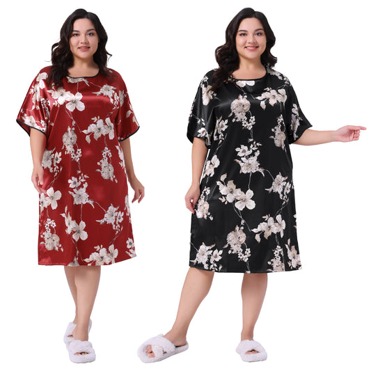 [PACK SALES] Women's Plus Size 2 Pieces Satin Nightgown Floral Print Round Neck Short Sleeve Lounge Midi Sleepwear