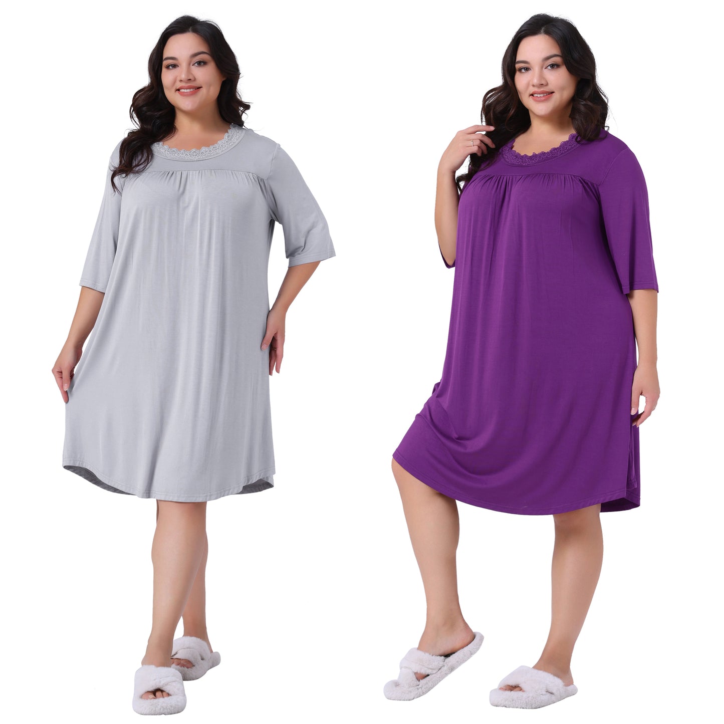[PACK SALES] Women's Plus Size 2 Pieces Night Dress Pleated Lace Crew Neck 3/4 Sleeve Sleepwear Comfy Midi Nightgown