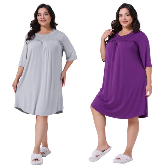 [PACK SALES] Women's Plus Size 2 Pieces Night Dress Pleated Lace Crew Neck 3/4 Sleeve Sleepwear Comfy Midi Nightgown