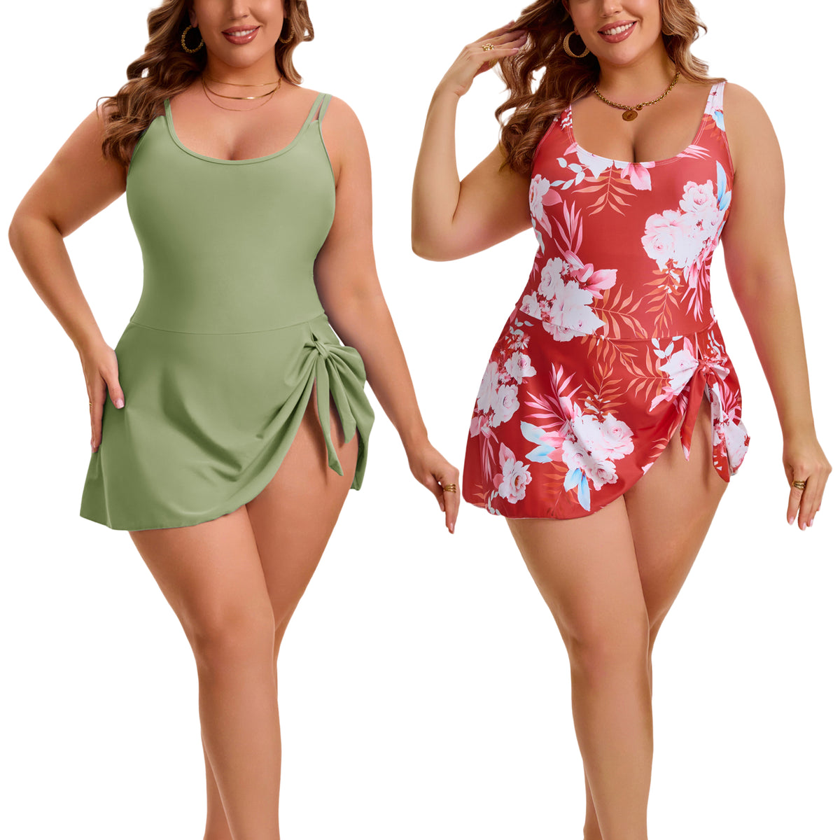 [PACK SALES] Women's Plus Size 2 Pieces Swimdresses Push Up Tie Knot Bathing Suit Beach Vacation Pool One-Piece Swimwears with Built-In Shorts
