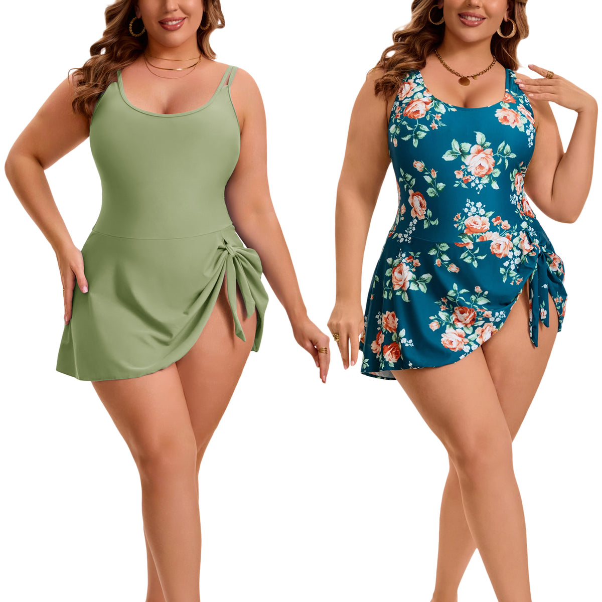 [PACK SALES] Women's Plus Size 2 Pieces Swimdresses Push Up Tie Knot Bathing Suit Beach Vacation Pool One-Piece Swimwears with Built-In Shorts