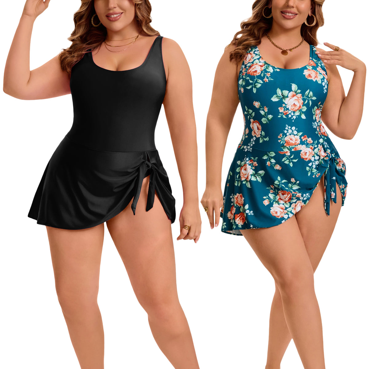 [PACK SALES] Women's Plus Size 2 Pieces Swimdresses Push Up Tie Knot Bathing Suit Beach Vacation Pool One-Piece Swimwears with Built-In Shorts