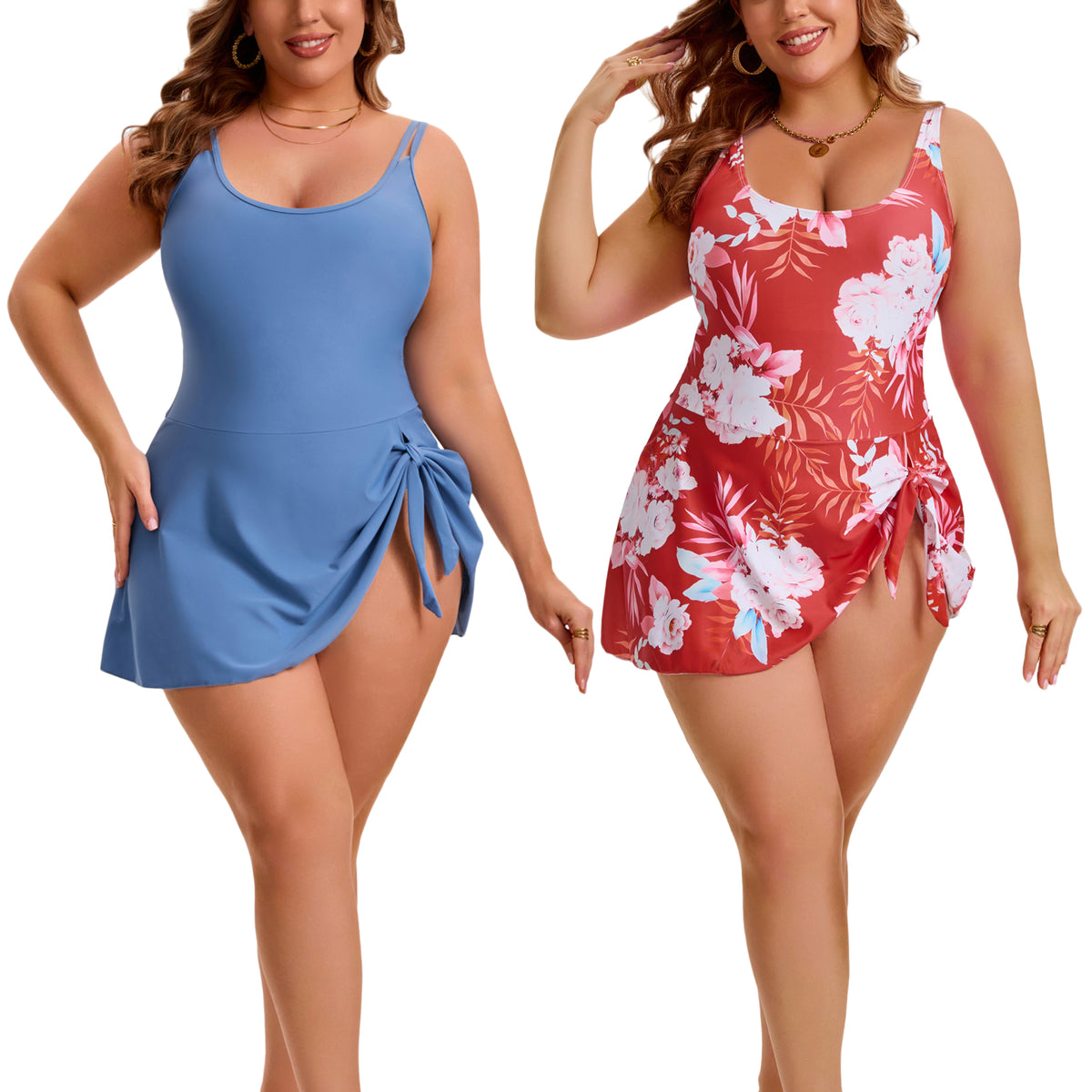 [PACK SALES] Women's Plus Size 2 Pieces Swimdresses Push Up Tie Knot Bathing Suit Beach Vacation Pool One-Piece Swimwears with Built-In Shorts