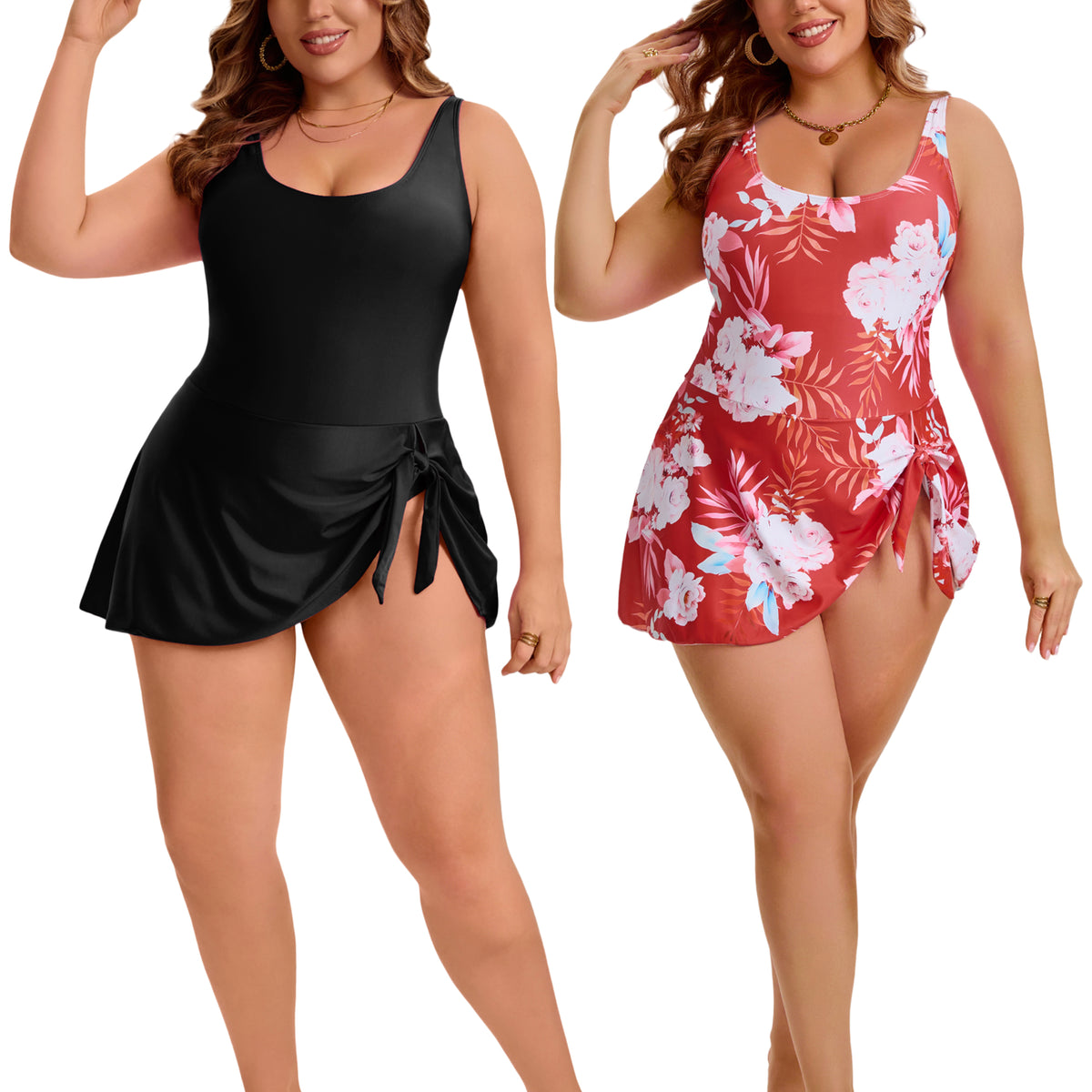 [PACK SALES] Women's Plus Size 2 Pieces Swimdresses Push Up Tie Knot Bathing Suit Beach Vacation Pool One-Piece Swimwears with Built-In Shorts