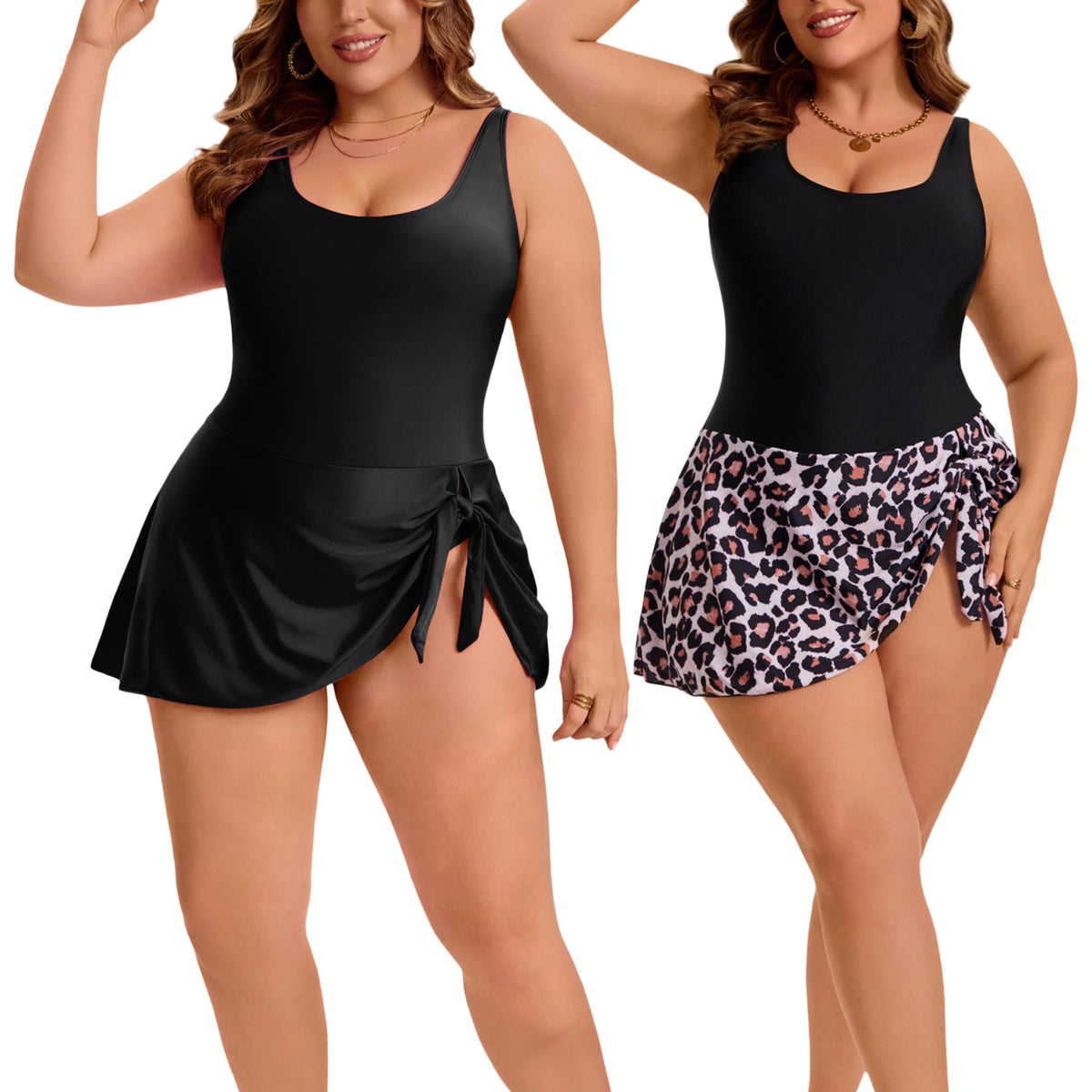[PACK SALES] Women's Plus Size 2 Pieces Swimdresses Push Up Tie Knot Bathing Suit Beach Vacation Pool One-Piece Swimwears with Built-In Shorts