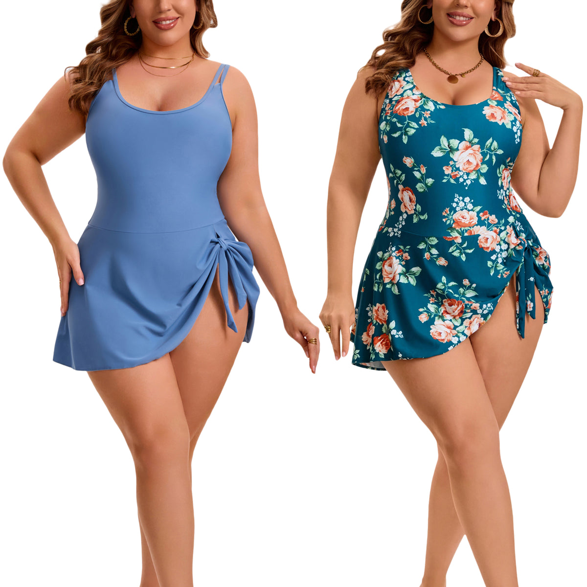 [PACK SALES] Women's Plus Size 2 Pieces Swimdresses Push Up Tie Knot Bathing Suit Beach Vacation Pool One-Piece Swimwears with Built-In Shorts