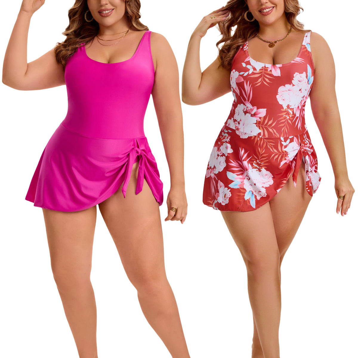 [PACK SALES] Women's Plus Size 2 Pieces Swimdresses Push Up Tie Knot Bathing Suit Beach Vacation Pool One-Piece Swimwears with Built-In Shorts