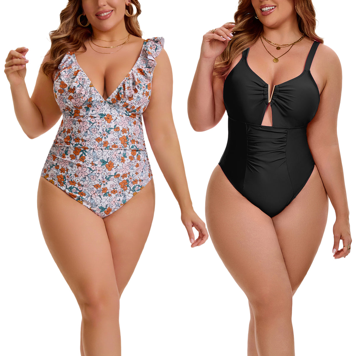 [PACK SALES] Women's Plus Size 2 Pieces Swimsuit Push Up Ruffled V Neck Lace Up Bathing Suit Beach Pool Party One-Piece Swimwear