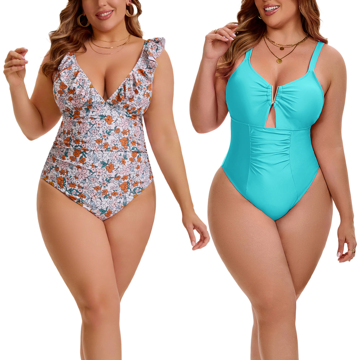 [PACK SALES] Women's Plus Size 2 Pieces Swimsuit Push Up Ruffled V Neck Lace Up Bathing Suit Beach Pool Party One-Piece Swimwear