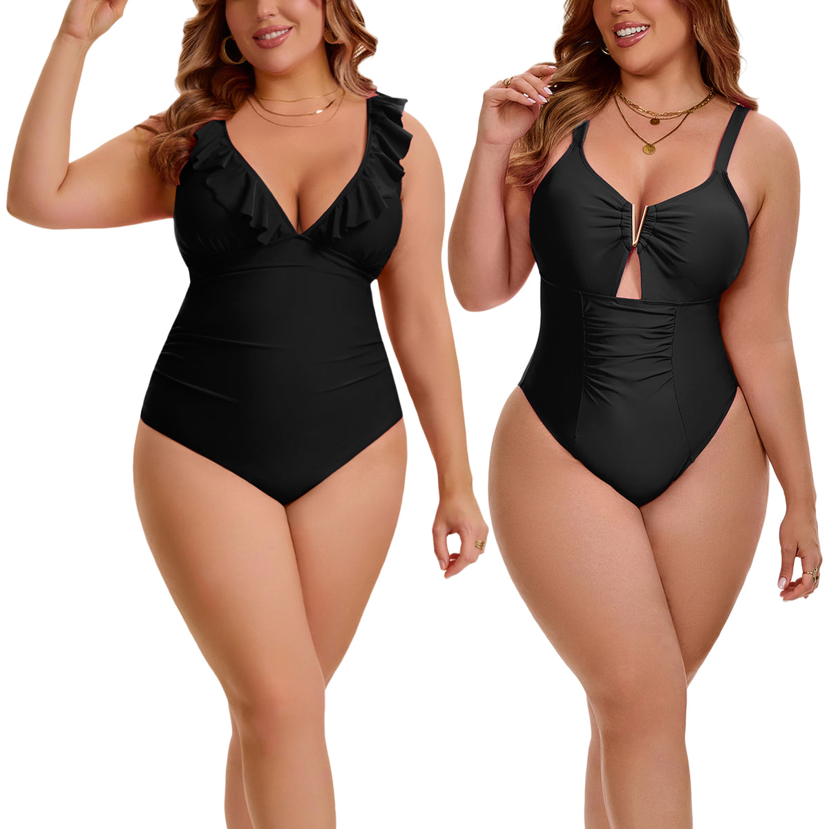 [PACK SALES] Women's Plus Size 2 Pieces Swimsuit Push Up Ruffled V Neck Lace Up Bathing Suit Beach Pool Party One-Piece Swimwear