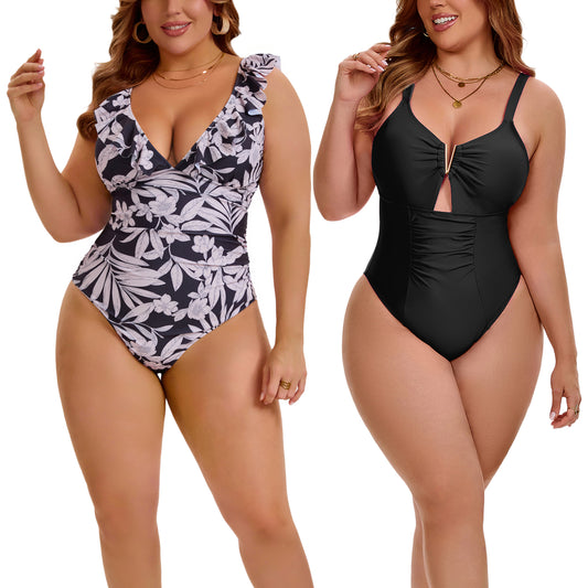 [PACK SALES] Women's Plus Size 2 Pieces Swimsuit Push Up Ruffled V Neck Lace Up Bathing Suit Beach Pool Party One-Piece Swimwear