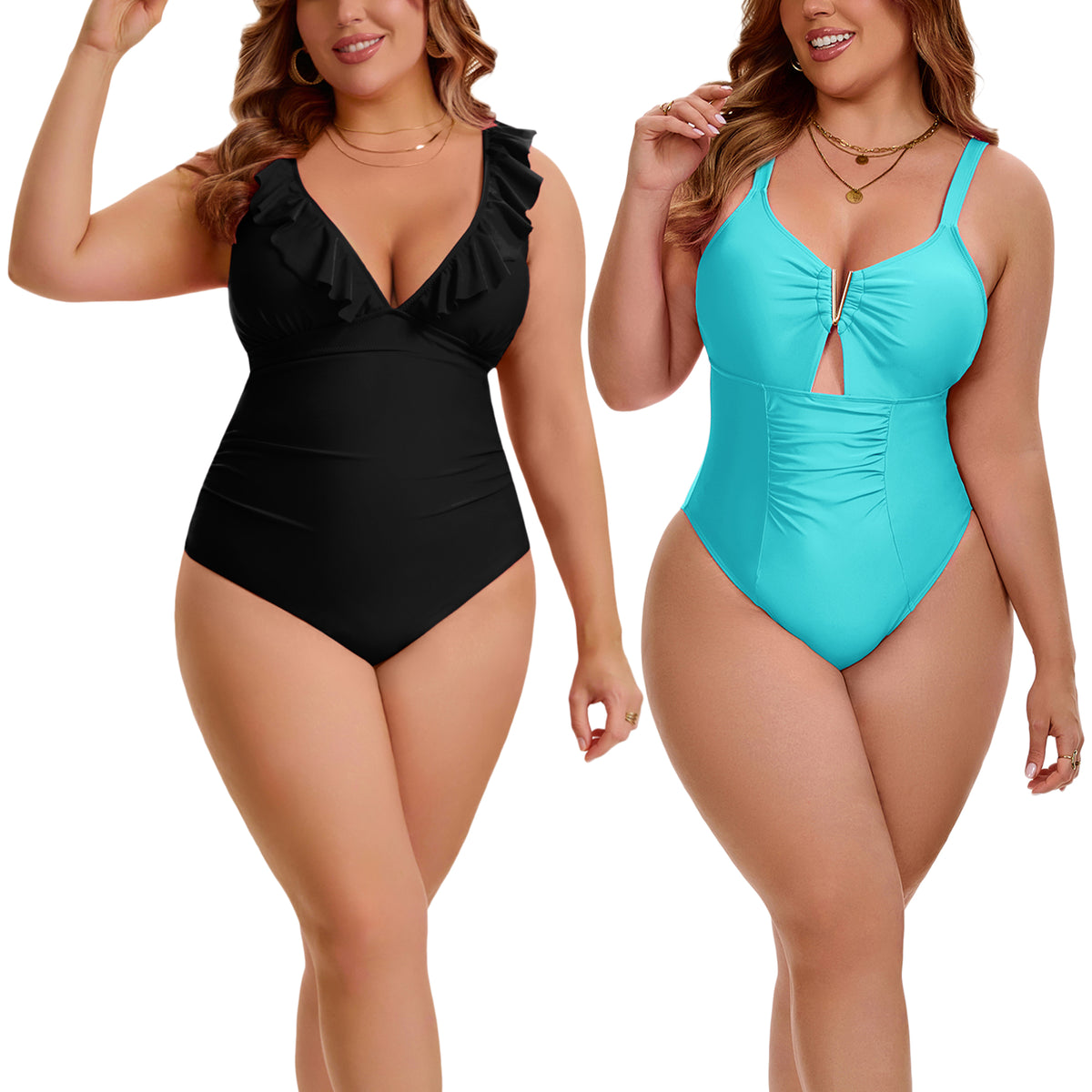 [PACK SALES] Women's Plus Size 2 Pieces Swimsuit Push Up Ruffled V Neck Lace Up Bathing Suit Beach Pool Party One-Piece Swimwear