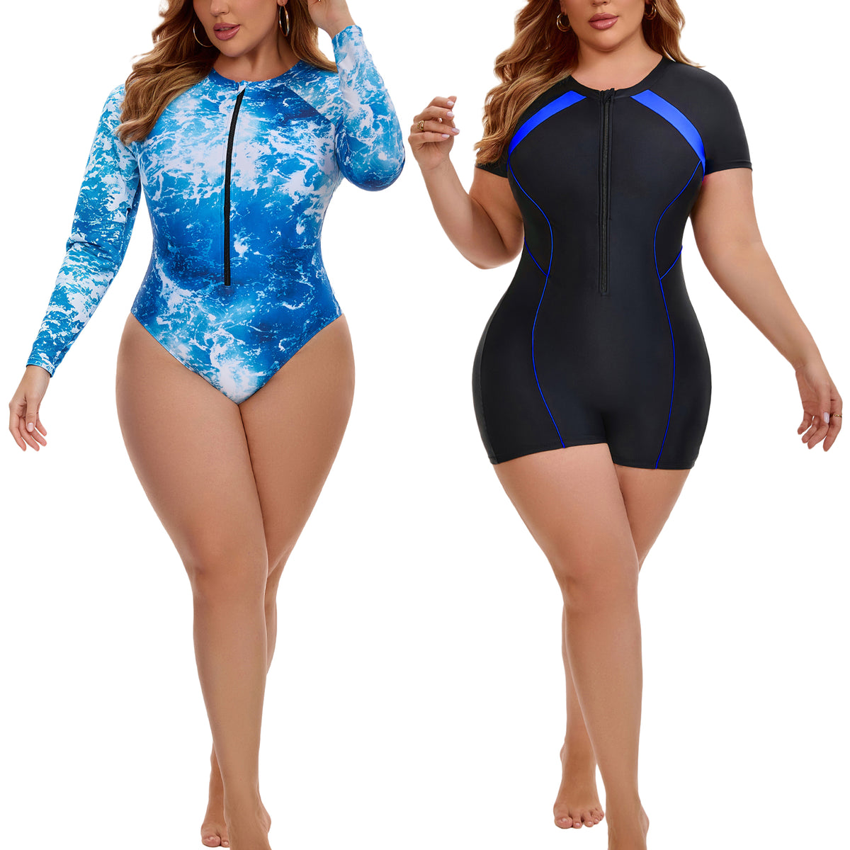 [PACK SALES] Women's Plus Size 2 Pieces Surfing Swimwear Rash Guard Half Zipper Beach Vacation Swimsuits