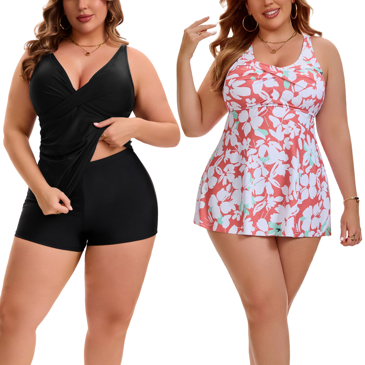 [PACK SALES] Women's Plus Size 2 Sets Bathing Suit Ruched Tankini Top Adjustable Straps Beach Pool Swimwear Set with Board Shorts