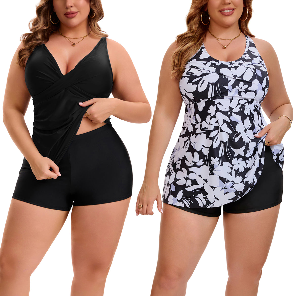 [PACK SALES] Women's Plus Size 2 Sets Bathing Suit Ruched Tankini Top Adjustable Straps Beach Pool Swimwear Set with Board Shorts