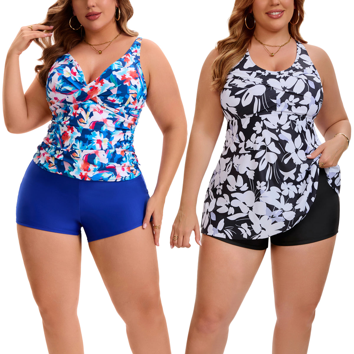[PACK SALES] Women's Plus Size 2 Sets Bathing Suit Ruched Tankini Top Adjustable Straps Beach Pool Swimwear Set with Board Shorts