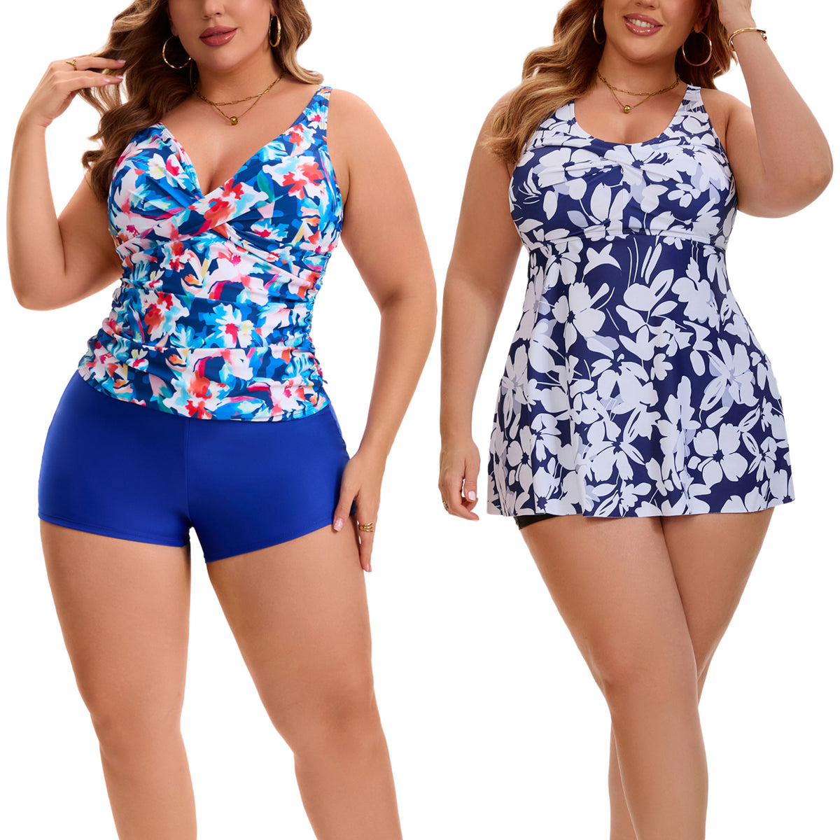 [PACK SALES] Women's Plus Size 2 Sets Bathing Suit Ruched Tankini Top Adjustable Straps Beach Pool Swimwear Set with Board Shorts