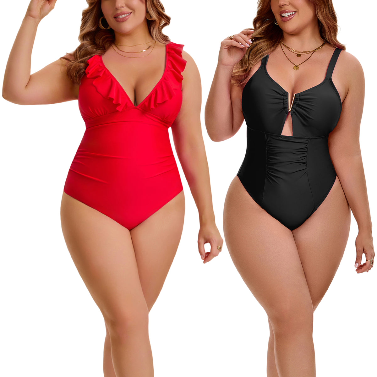 [PACK SALES] Women's Plus Size 2 Pieces Swimsuit Push Up Ruffled V Neck Lace Up Bathing Suit Beach Pool Party One-Piece Swimwear