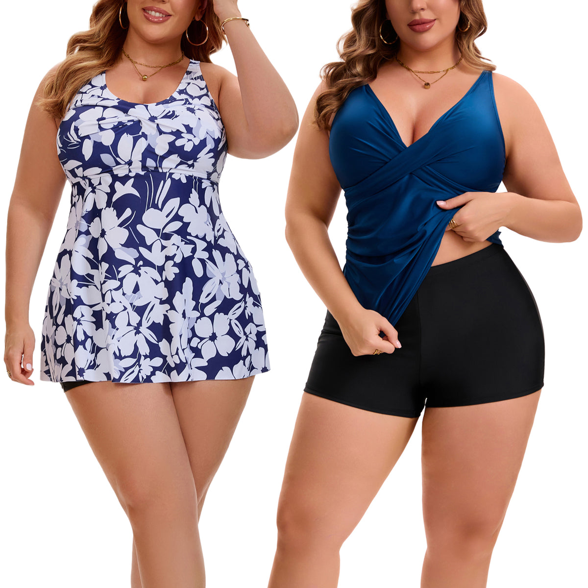 [PACK SALES] Women's Plus Size 2 Sets Bathing Suit Ruched Tankini Top Adjustable Straps Beach Pool Swimwear Set with Board Shorts