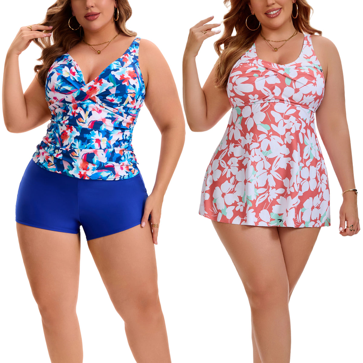 [PACK SALES] Women's Plus Size 2 Sets Bathing Suit Ruched Tankini Top Adjustable Straps Beach Pool Swimwear Set with Board Shorts